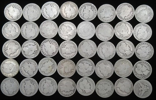 $10 FACE ROLL OF 40 US BARBER QUARTERS 90% SILVER COINS MIXED DATES NR