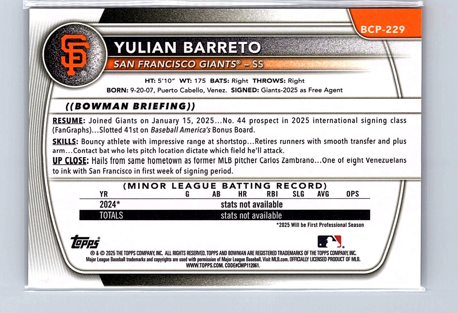 2025 Bowman Chrome Yulian Barreto #BCP-229 Prospects Gold Shimmer #/50