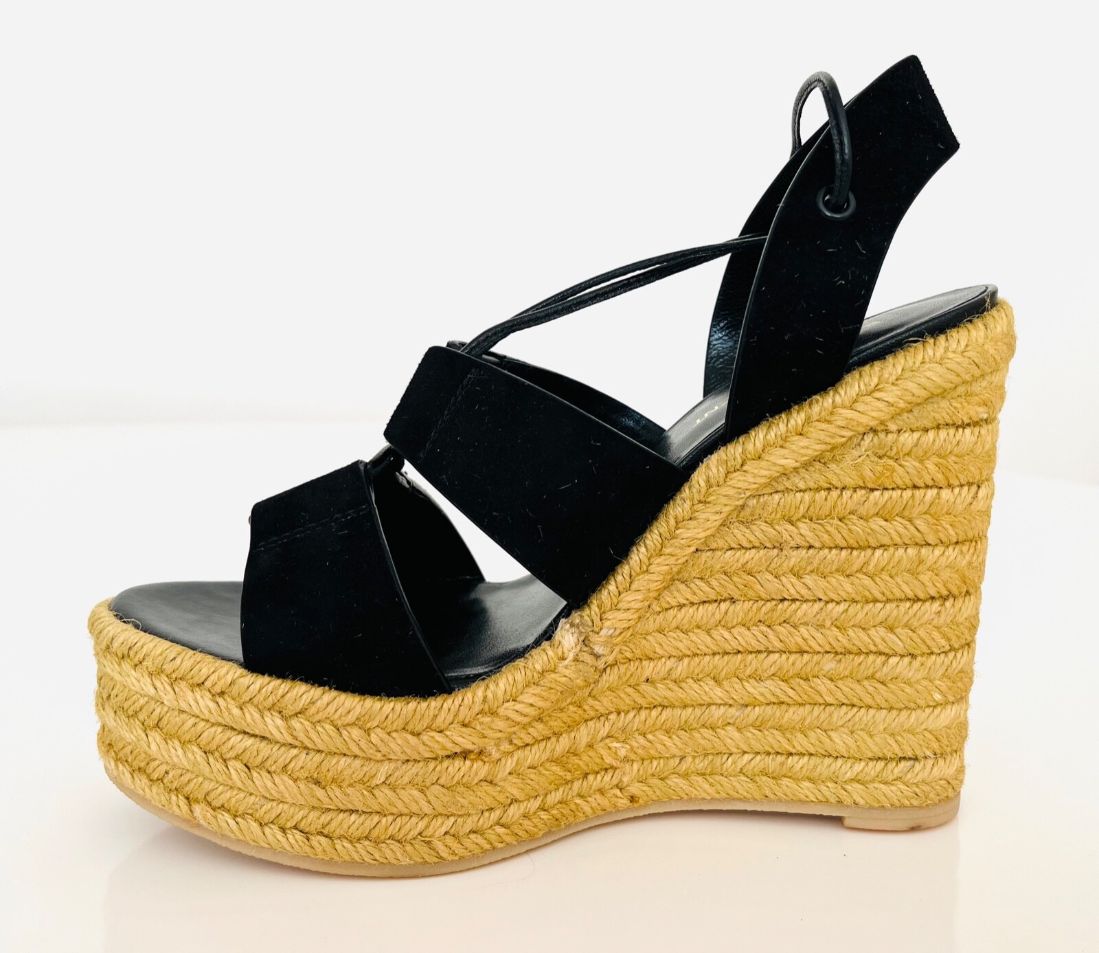 SAINT LAURENT Kid Scamosciato Espadrillas Lace Up Zeppe Tg 39 Black Nuovo