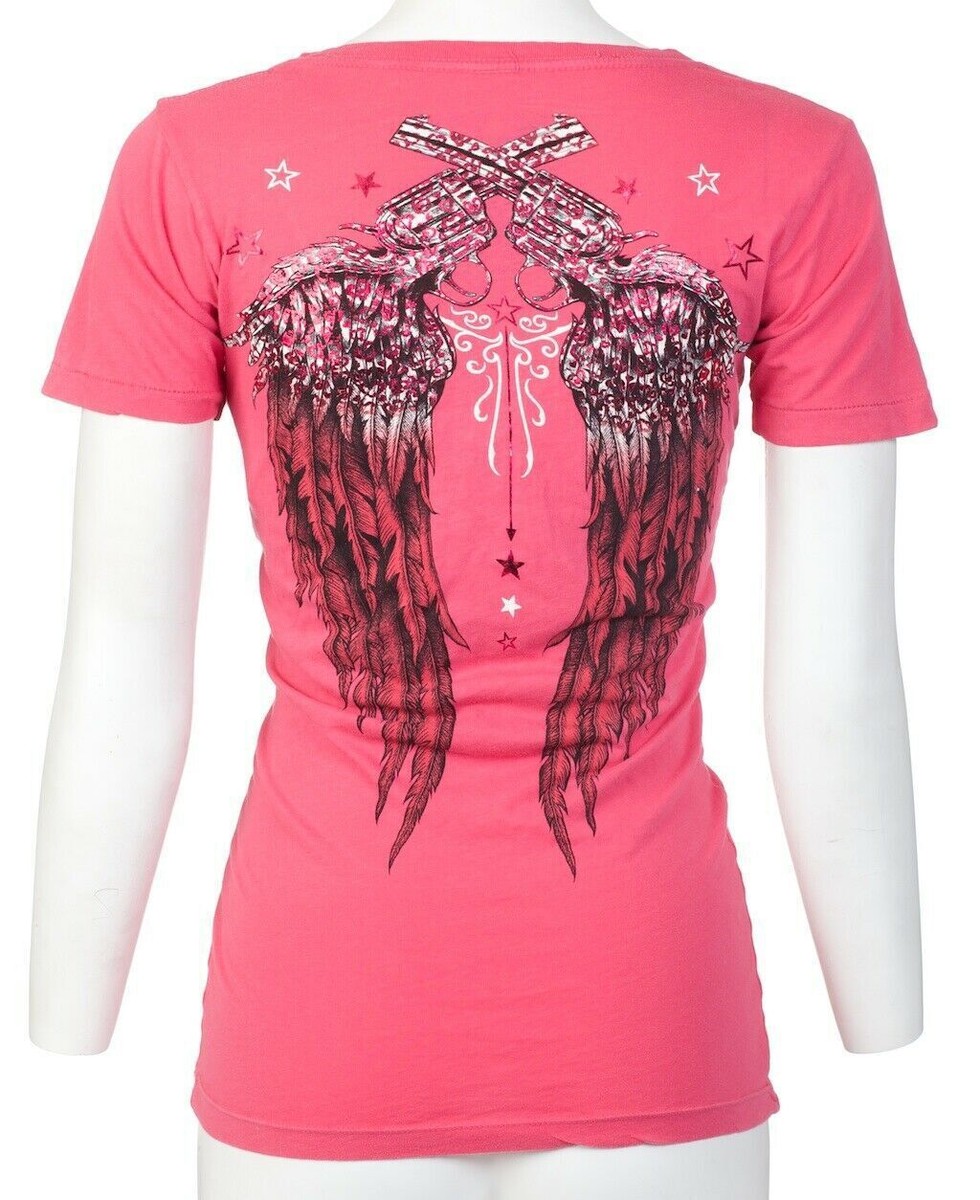 【gun ＆ rose】tight t-shirt Affliction ARCHAIC by AFFLICTION Womens T-shirt Hot Smoke Guns Pink