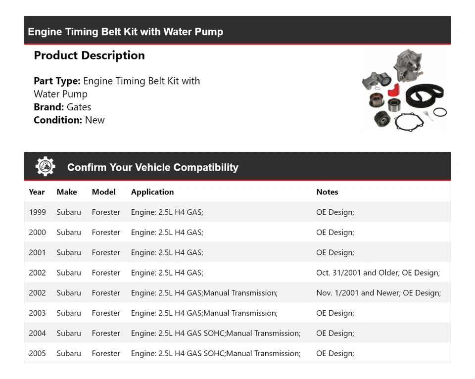 Kit de correa de distribución de motor Subaru Forester 1999-2005 con puertas de bomba de agua 2000 Foto 2 de 3