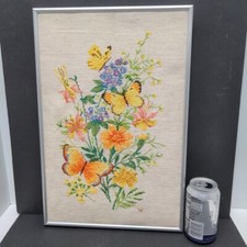 Framed Cross Stitch Butterfly Bouquet Spring Summer Wall Decor Cottagecore