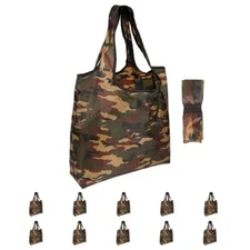 10 Pack 15x4.5x15 Inch Camo Reusable Shopping Bags with Handles Bulk Foldable...