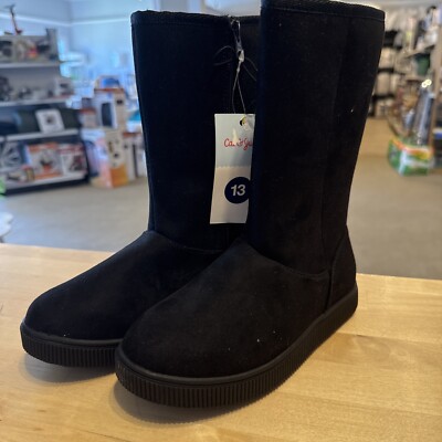 Cat & Jack Girls Size 13 Natalia Faux Suede Shearling Faux Fur Lined Black Boots