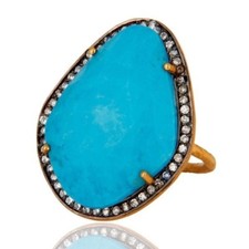 Natural Turquoise Gemstone Jewelry 18K Gold Plated 925 Sterling Silver Ring