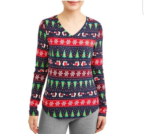 Camisa Junior Mujer Estampado Navidad Talla S (3-5) Azul Marino Manga Larga Cuello en V Nueva con Etiquetas