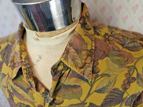 Vintage 1980s 90s FM78.1 Brown Green Autumn Leaves Pattern Viscose Shirt XL - Picture 2 of 8