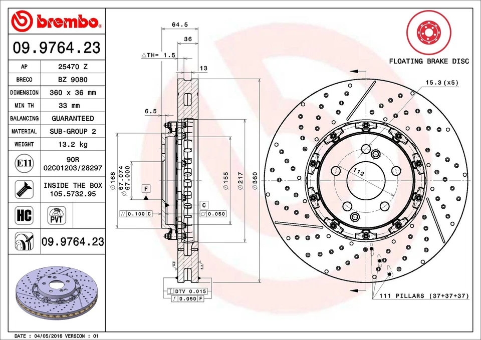 Rotor de freno de disco delantero Brembo 09.9764.23 360 mm para 12-16 Mercedes-Benz SLK55 AMG Foto 2 de 3