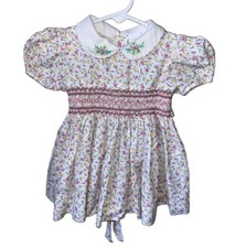 Vintage Nannette Smocked Baby Dress Pink  Yellow Floral Print Size 12 Months