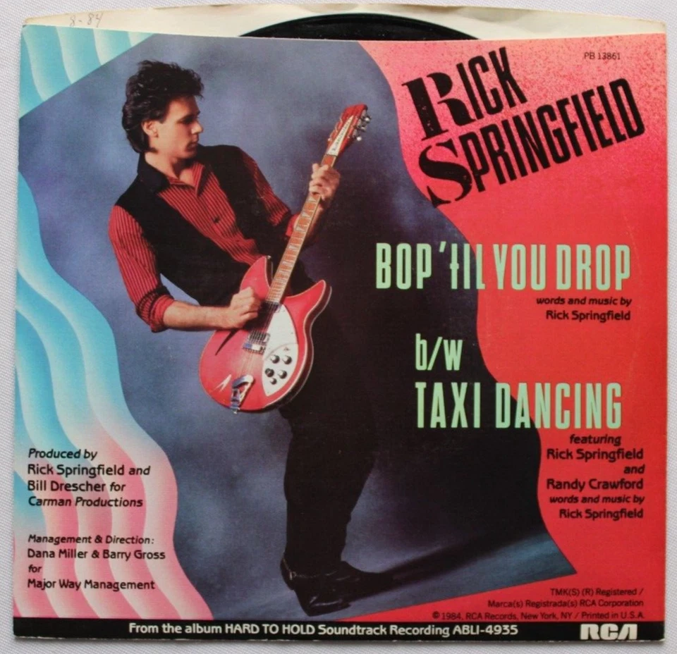 RICK SPRINGFIELD BOP TIL YOU DROP / TAXI DANCING 45 7" VINYL & PIC SLEEVE VG++ - Image 2 of 2