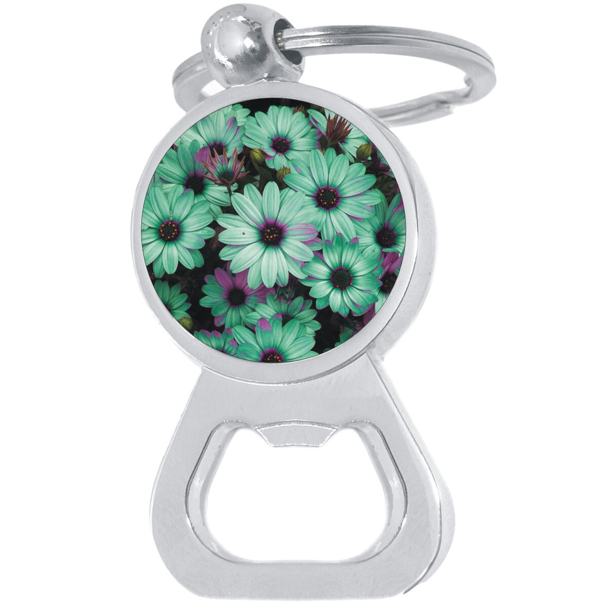 Teal Daisy Bottle Opener Keychain - Metal Beer Bar Tool Key Ring-image