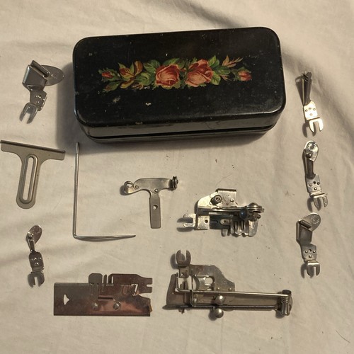 Antique Floral Metal Tin Case w/ Sewing Machine Buttonholer & Presser Feet Lot