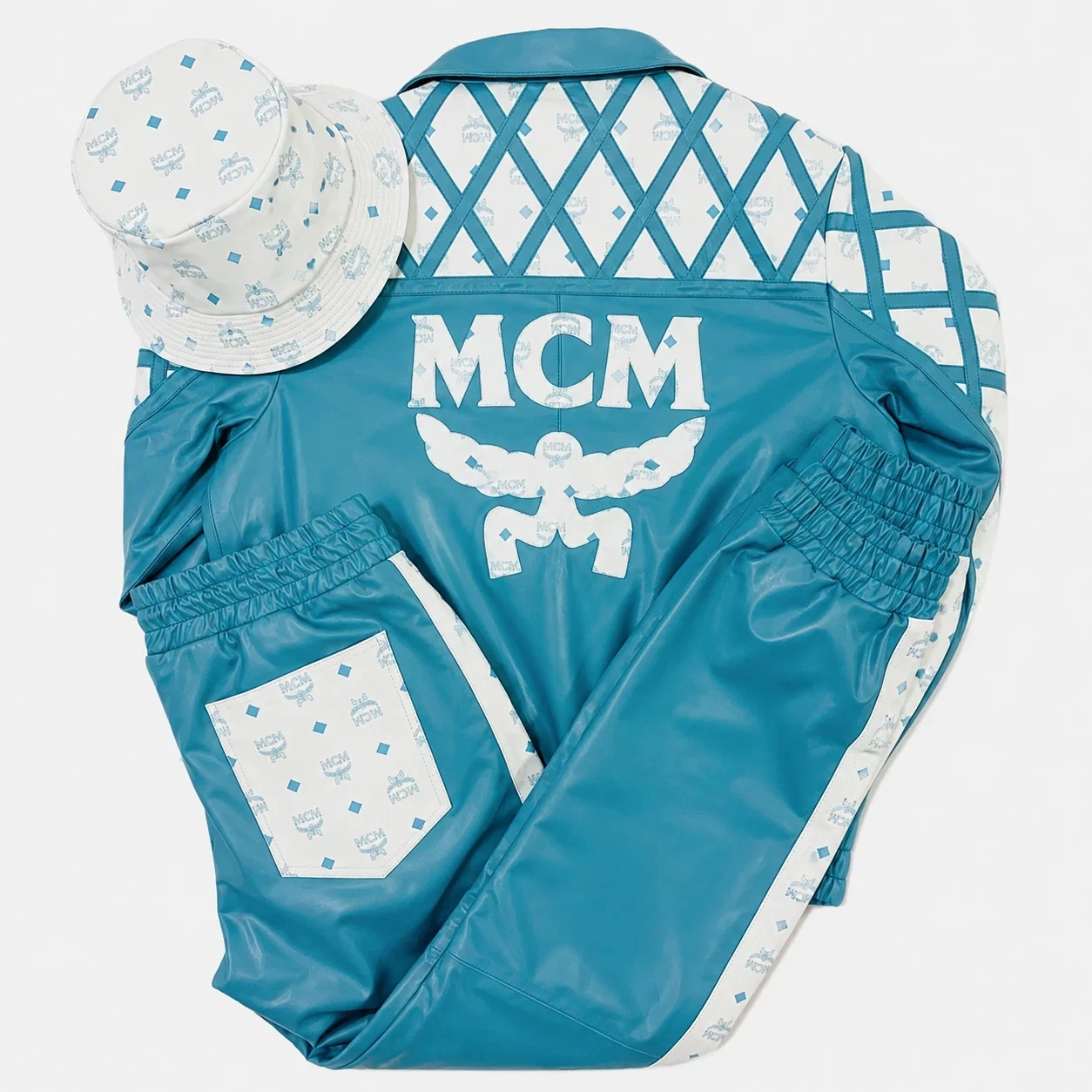 MCM Monogram Leather Tracksuit | Bomber Jacket & Pants & Cap, Luxury Streetwear
