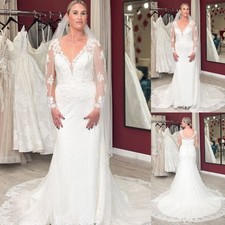 Long Sleeves Wedding Dresses Mermaid White V Neck Sweep Train Ivory Bridal Gowns