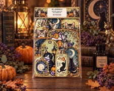 60 Piece Vintage Cat Halloween Ephemera Kit, Junk Journal Kit