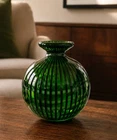 Vintage Green Black Striped Art Glass Vase Murano Style Hand Blown