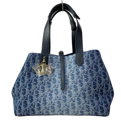 DIOR/ChristianDior Toujours Bag Medium Blue Dark Navy Jacquard Leather Tote Bag