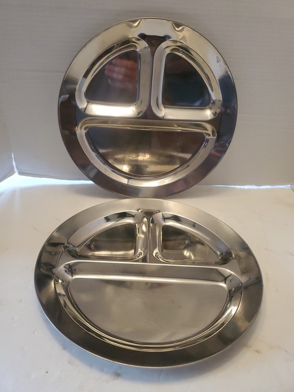 2 Coleman camping 12 inch divided plates pair - Stainless steel, shiny camp Camp
