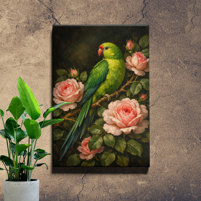Green Parrot Canvas Print Pink Roses Dark Moody Botanical Background