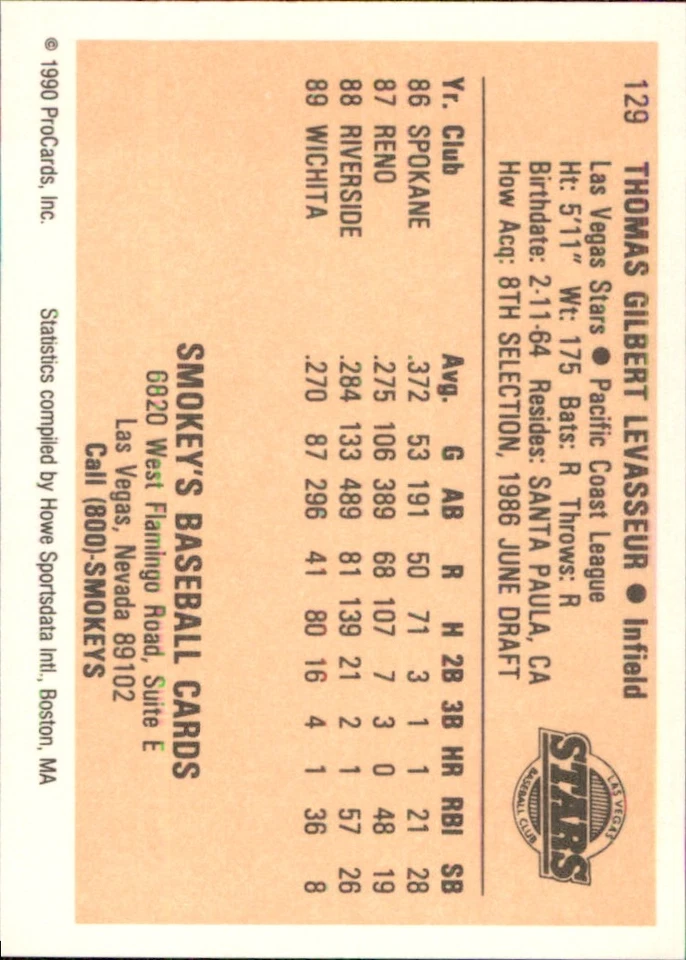 Tom LeVasseur 1990 ProCards #129 RC Las Vegas Stars *AutographDen* - Image 2 of 2
