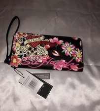 Ed Hardy Black Faux Leather ZA Wallet With Love Kills Slowly  Floral Tattoo NWT