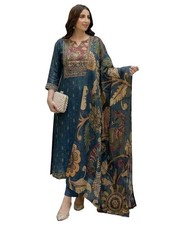 Women s Viscose Blend Printed Straight Kurta with Pant Dupatta