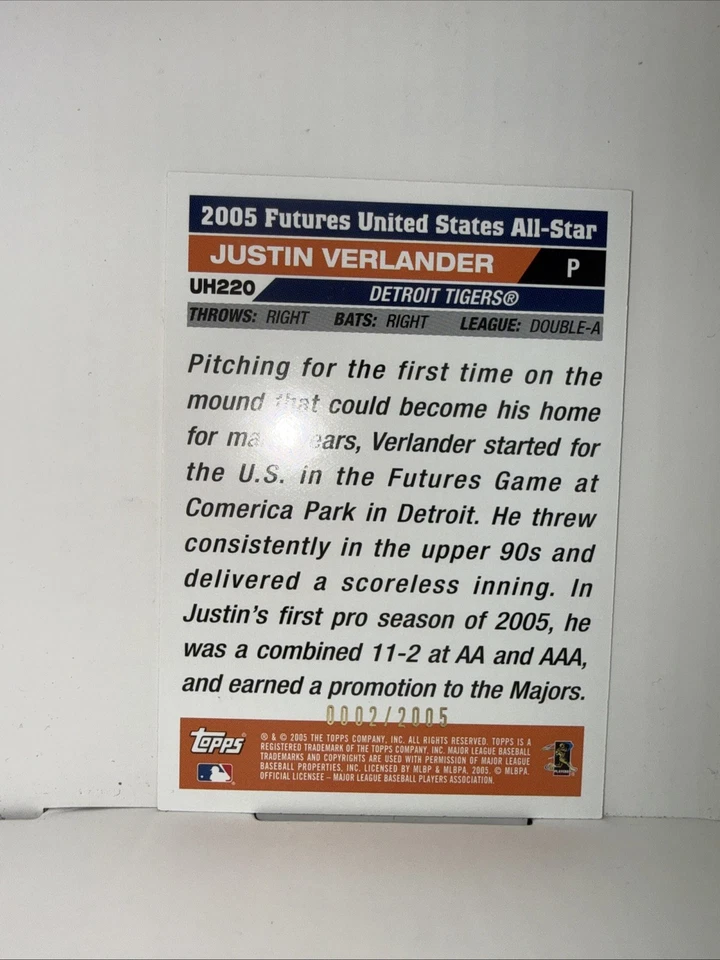 Topps Justin Verlander 2005 actualizaciones y aspectos destacados dorado 002/2005 SP #UH220 Foto 3 de 4
