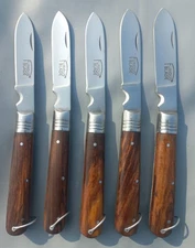Handmade Folding Cable Knives, 4″ Blade, Wood Handles + Leather Sheaths, 5 Pcs