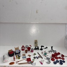 LOT Of Miniature Dollhouse Accessories Pots Pans Phone Toys Yard Tools Food Etc