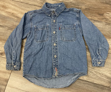 Vtg Levis Boys 6 Denim Red Tab Shirt Button Up Front Blue Cotton
