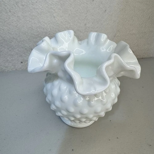 Fenton English Hobnail White Milk Glass Ruffled Top Edge Bowl Vase 4.5” Tall