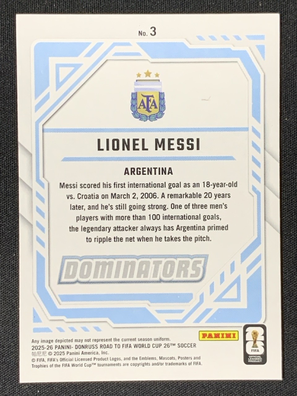 Lionel Messi 2025-26 Panini Donruss Road to FIFA World Cup Dominators Red #3 view 2