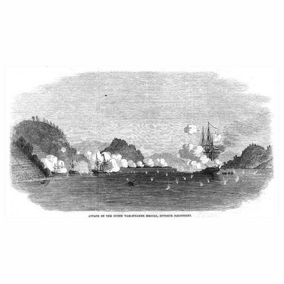 JAPAN Angriff des niederländischen Dampfers Medusa gegenüber Shimonoseki - Antikdruck 1863