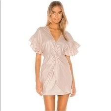Saylor Brookey Jacquard Blush Pink Mini Ruffled Sleeves Deep Dress V-Neck L NWT