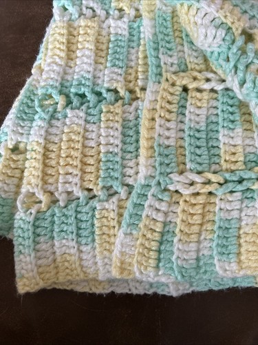 Handmade Crochet Baby Afghan Pastel Green Yellow White 36”x50”