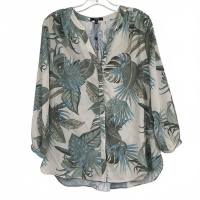 NYDJ Green Tropical Leaf Print Blouse | Regular M | Polyester Pintuck Top