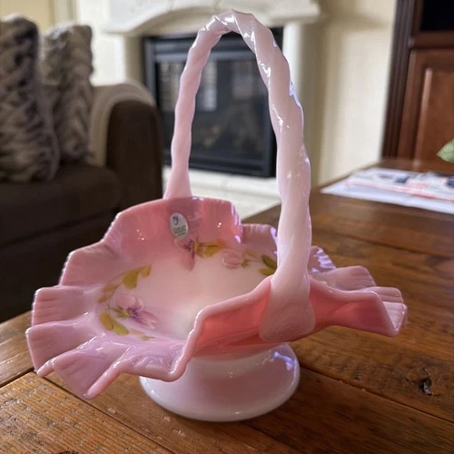 Fenton Art Glass Rosalene Pink Handpainted Floral Basket Signed S. Waters 8”