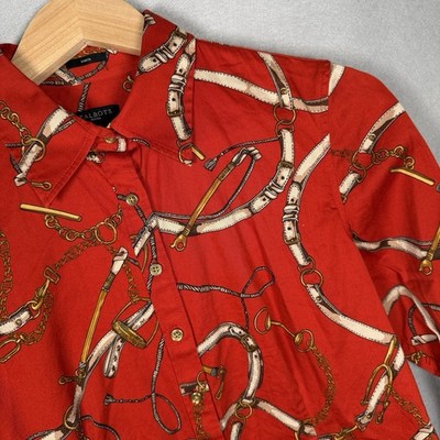 Talbots Button Down Shirt Bridles Chains Equestrian Red Stretch Cotton Sz 8P