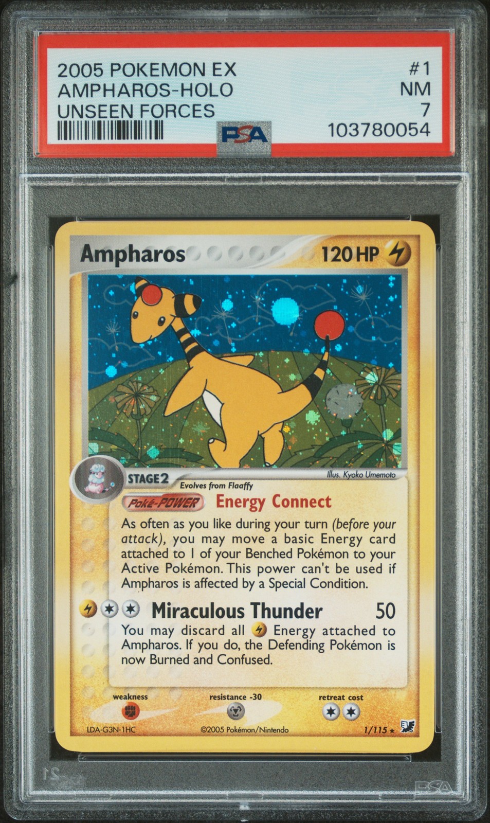 2005 POKEMON EX UNSEEN FORCES #1 AMPHAROS-HOLO PSA 7