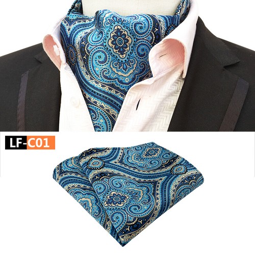 New Classic Men's Ascot Cravat Tie Silk Paisley Blue Scarves Cravat Hanky Set - Afbeelding 2 van 45