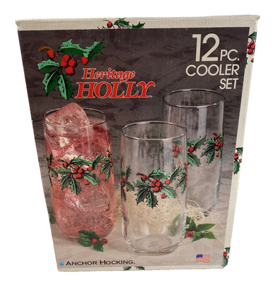 MINT ANCHOR HOCKING HERITAGE HOLLY 12 PC CHRISTMAS GLASS TUMBLERS 16 OZ ORIG BOX