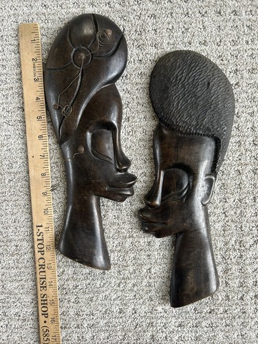 Vintage Carved Head Profile Head Pair Man Woman Wall Plaque MCM African American