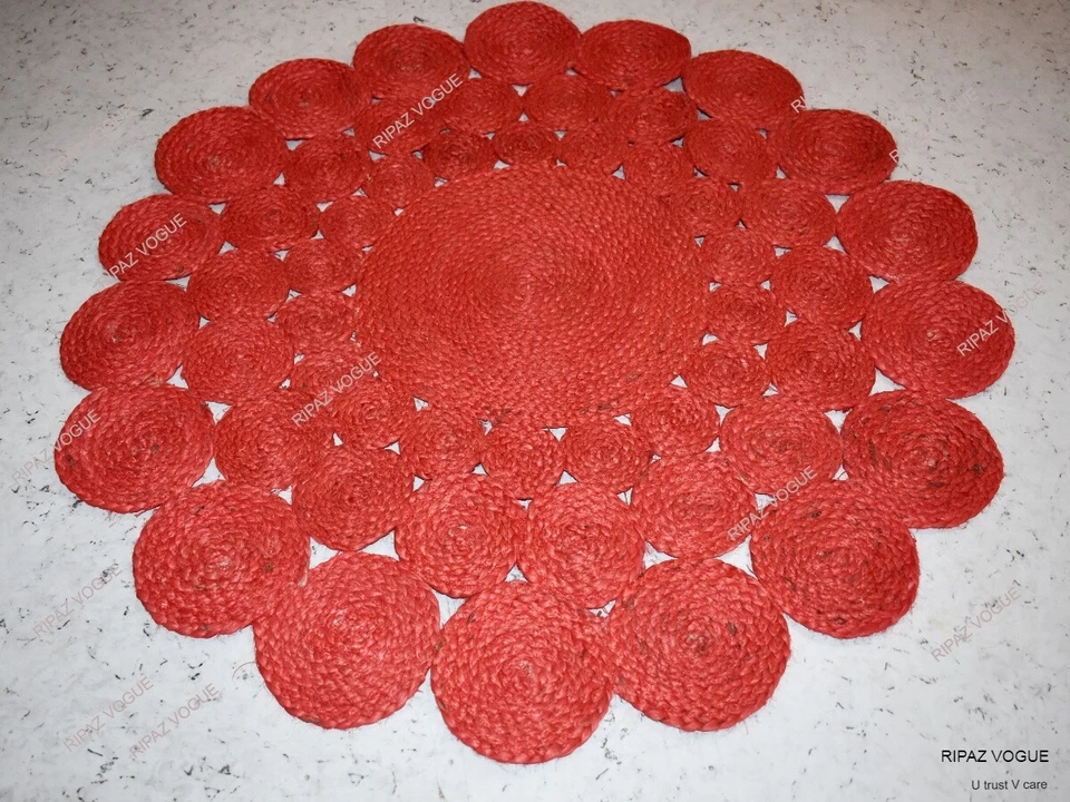 Red Jute Rug Round Hand Braided Area Rug for Living Room, Bedroom, Hallway - Image 3 of 4
