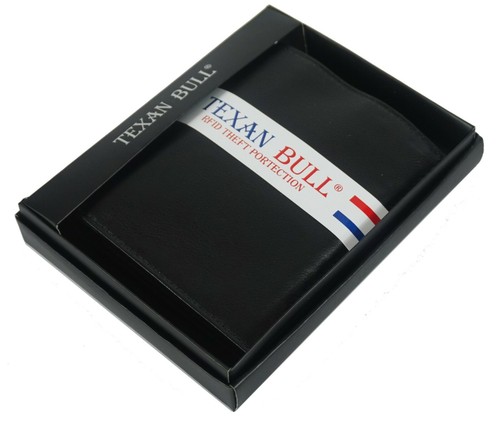 Texan Bull Mens RFID Hipster Bifold Leather Wallet 2 ID 10 Card Holder Black NEW - Afbeelding 1 van 6
