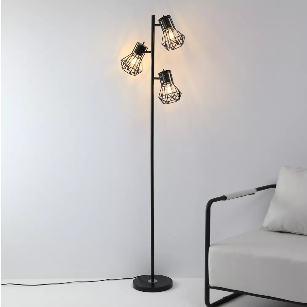 Industrial Style Floor Standing Lamp 3 Heads Diamond Cage Shade Dimmable Lights