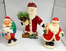 Christmas Santa Figurines Teddy Bear Presents Pine Cones Resin Cloth Lot of 3