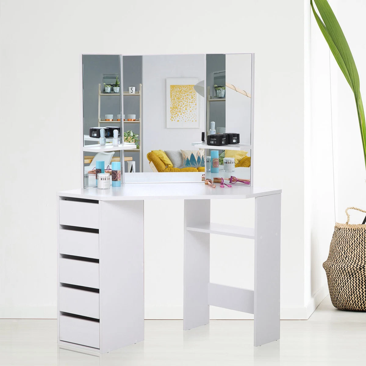 Makika Dressing Table Makeup 5 Drawers Mirror Corner Desk Dresser