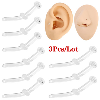3Pcs Clear Curved Retainer Glass Nose Stud Piercing Helix Tragus Earring Jewelry