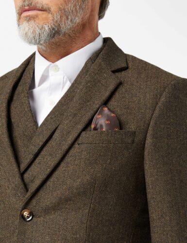 Herren Weste Braun Fischgräte Tweed Anzug Jackett Sakko Formel Hochzeit Business - Bild 3 von 12