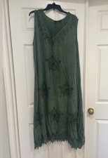 Women’s Sleeveless Dark Green Embroidery Summer Boho Beach Tunic Sun dress xxl